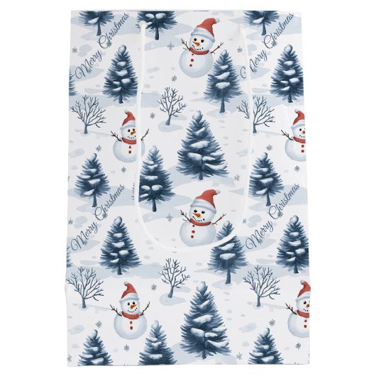 かわいい雪だるまと雪の木々メリークリスマス ミディアムペーパーバッグ (裏面)