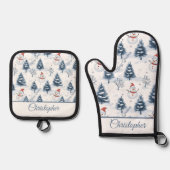 かわいい雪だるまと雪の木々メリークリスマス 鍋つかみ&鍋敷きセット (正面)