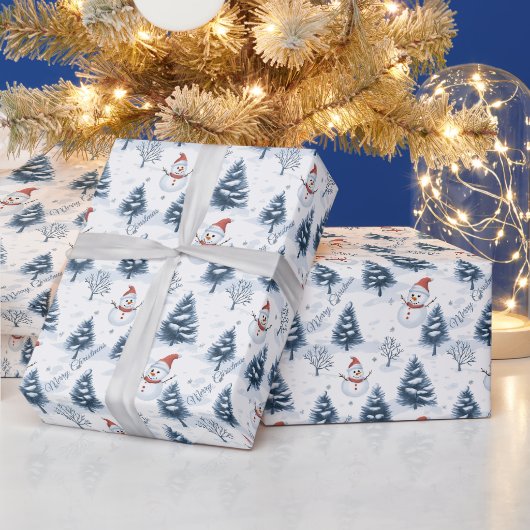 かわいい雪だるまと雪の木 メリークリスマス ラッピングペーパー (クリスマス)