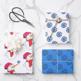 かわいい雪だるまと雪の結晶の模様の子供向けクリスマス ラッピングペーパーシート