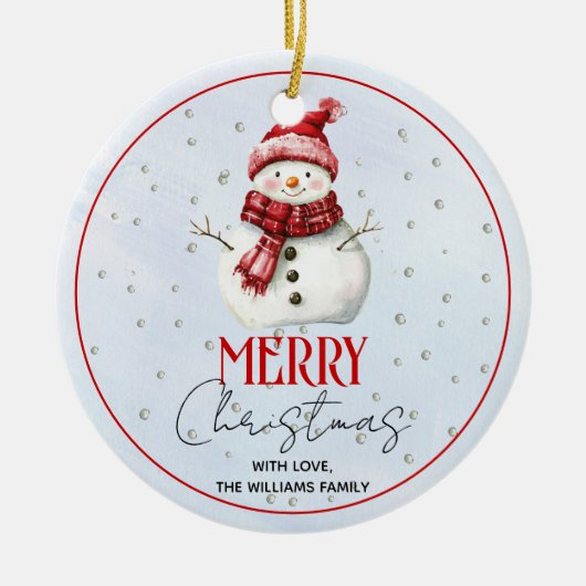 かわいい雪だるまと雪クリスマスの休日の写真 セラミックオーナメント (正面)