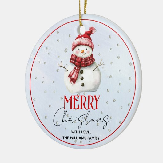 かわいい雪だるまと雪クリスマスの休日の写真 セラミックオーナメント (左)