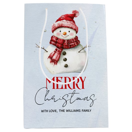 かわいい雪だるまと雪メリークリスマスホリデー ミディアムペーパーバッグ (正面)