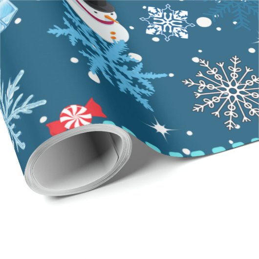 かわいい雪だるまと雪片クリスマス ラッピングペーパー (ロールコーナー)