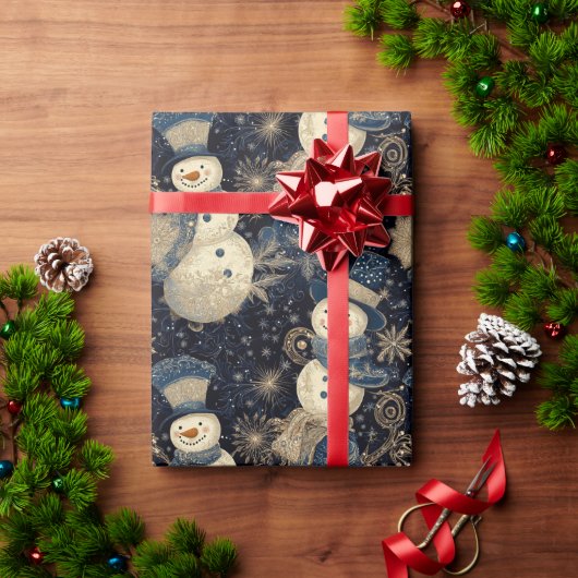 かわいい雪だるまと雪片デザイン ラッピングペーパー (クリスマスギフト)