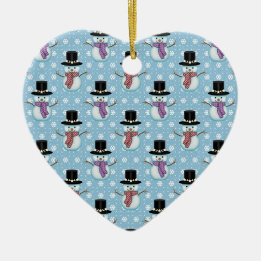 かわいい雪だるまと雪片パターン セラミックオーナメント (正面)