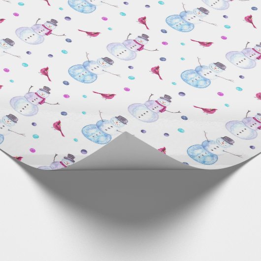 かわいい雪だるまと(鳥)ショウジョウコウカンチョウ鳥水彩模様 ラッピングペーパー (角)