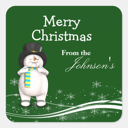 かわいい雪だるまのクリスマスギフトラベル スクエアシール (正面)