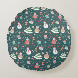 かわいい雪だるまのクリスマスパターン ラウンドクッション