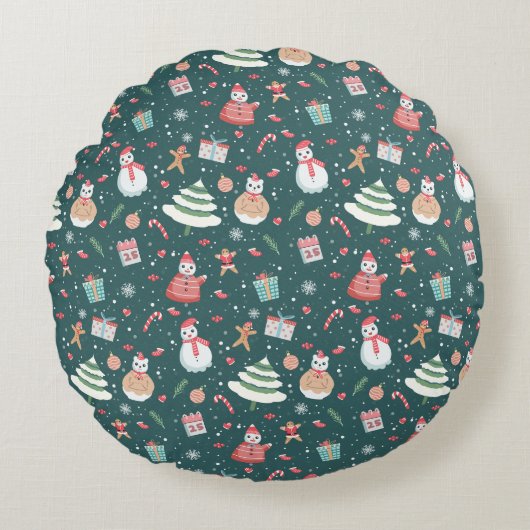 かわいい雪だるまのクリスマスパターン ラウンドクッション (正面)