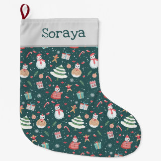 かわいい雪だるまのクリスマスパターン ラージクリスマスストッキング