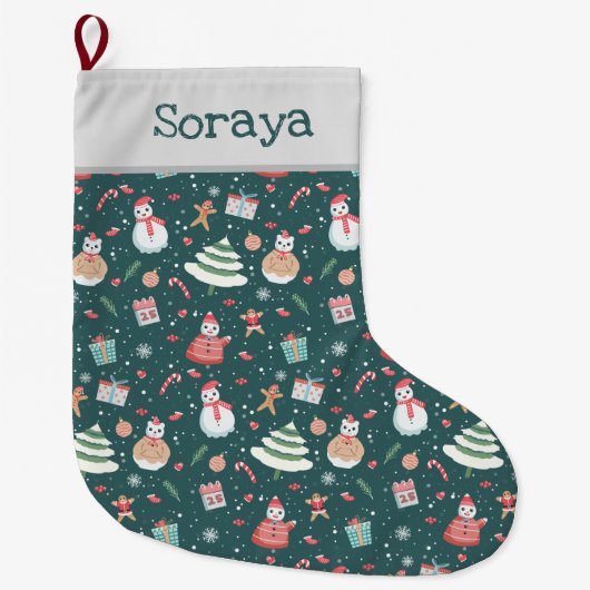 かわいい雪だるまのクリスマスパターン ラージクリスマスストッキング (正面)