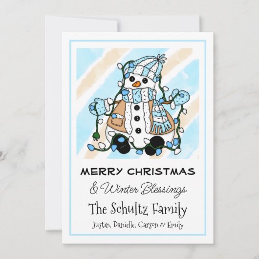 かわいい雪だるまのクリスマスライトを保持パーソナライズされた カード (正面)