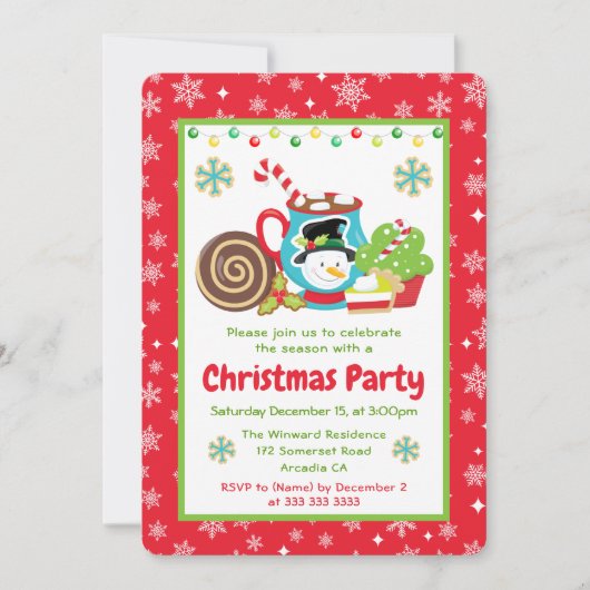 かわいい雪だるまのココアクリスマスパーティー 招待状 (正面)