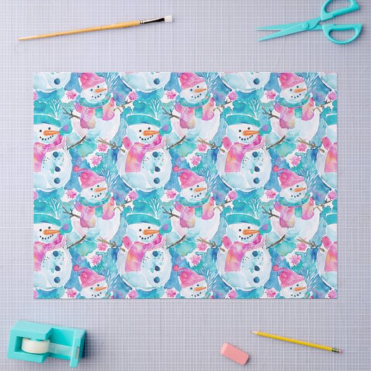 かわいい雪だるまのターコイズ水彩パターン 薄葉紙 (クラフト)
