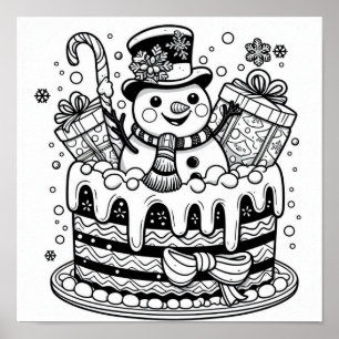 かわいい雪だるまのホリデーケーキのぬりえ ポスター