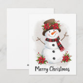 かわいい雪だるまのポインセチアとチェック柄のマフラー シーズンカード (正面/裏面)