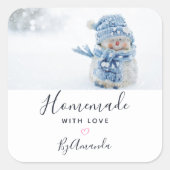 かわいい雪だるまのラブフォトで手作り スクエアシール (正面)