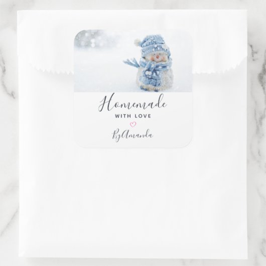 かわいい雪だるまのラブフォトで手作り スクエアシール (バッグ)