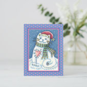 かわいい雪だるまの子猫と雪片の猫とネズミ シーズンポストカード (スタンド正面)