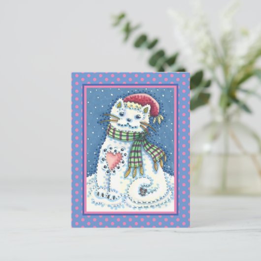 かわいい雪だるまの子猫と雪片の猫とネズミ シーズンポストカード (スタンド正面)