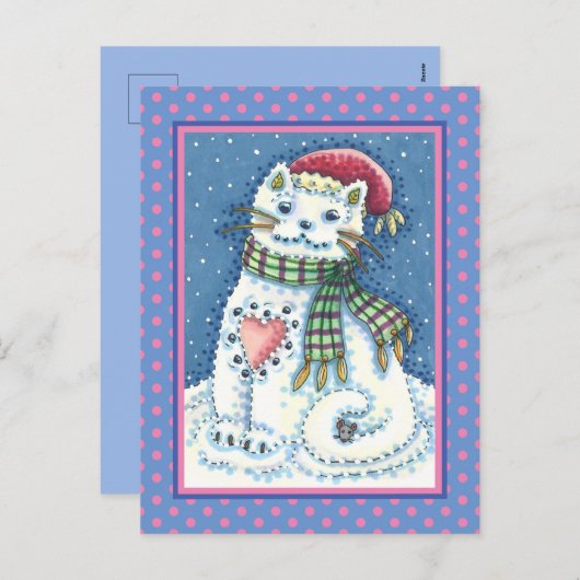 かわいい雪だるまの子猫と雪片の猫とネズミ シーズンポストカード (正面/裏面)