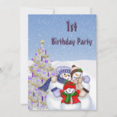 かわいい雪だるまの家族とクリスマスツリーの1歳の誕生日 招待状 (正面)