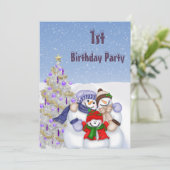 かわいい雪だるまの家族とクリスマスツリーの1歳の誕生日 招待状 (スタンド正面)