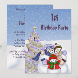 かわいい雪だるまの家族とクリスマスツリーの1歳の誕生日 招待状