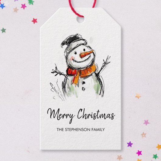 かわいい雪だるまの手描きスケッチ メリークリスマス ギフトタグ