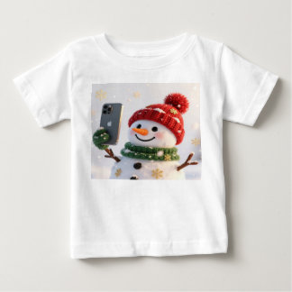 かわいい雪だるまの携帯クリスマスデザイン ベビーTシャツ