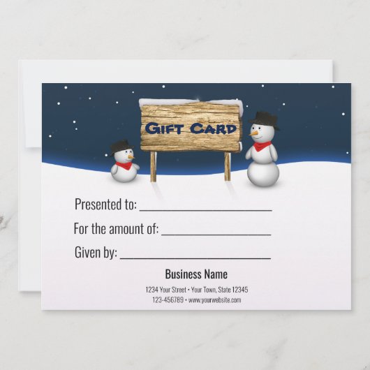 かわいい雪だるまの木製ギフトカード看板 (裏面)