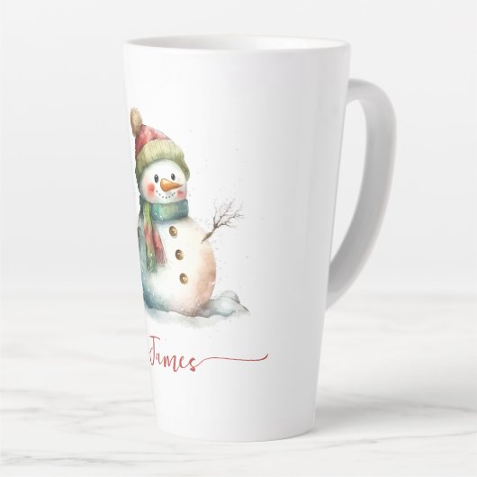 かわいい雪だるまの水色のパーソナライズされたクリスマス カフェラテマグ (右アングル)