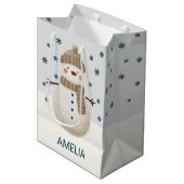 かわいい雪だるまの雪の結晶のクリスマス ネーム ミディアムペーパーバッグ (正面アングル)