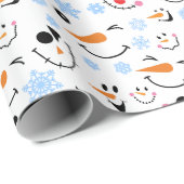 かわいい雪だるまの顔のパターンと青い雪の結晶 ラッピングペーパー (ロールコーナー)