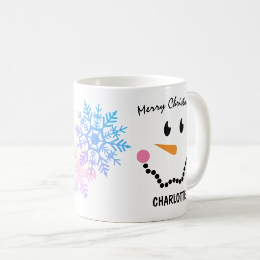 かわいい雪だるまの顔、雪片、メリークリスマス コーヒーマグカップ (正面右)