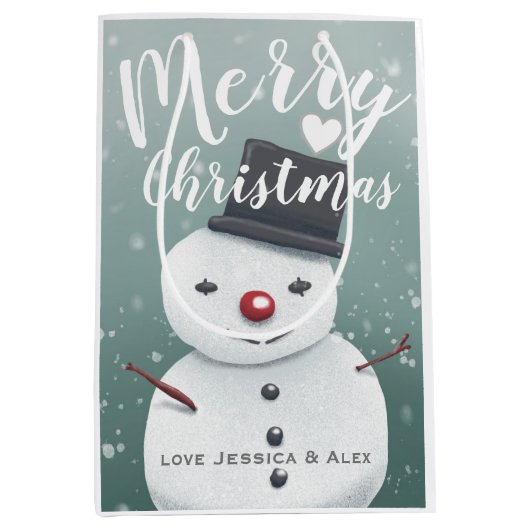 かわいい雪だるまイラストレーションウィンタークリスマスカスタム ミディアムペーパーバッグ (正面)