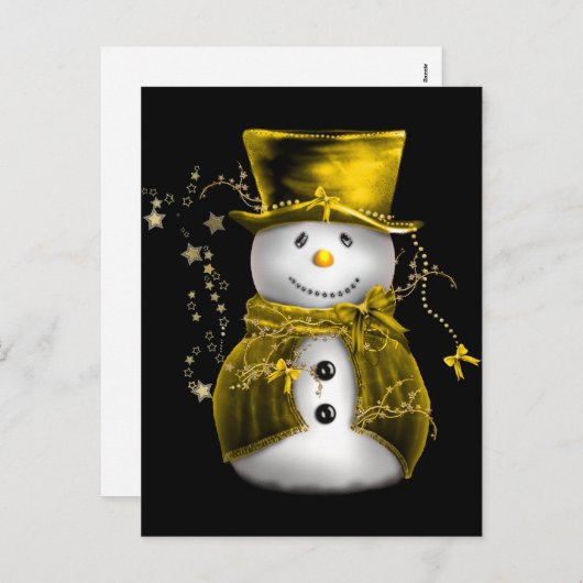 かわいい雪だるまイン金ゴールドベルベットのクリスマス シーズンポストカード (正面/裏面)