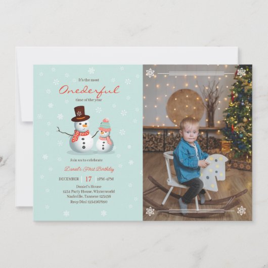 かわいい雪だるまウィンターオネダーランドフォト誕生日 招待状 (正面)