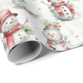 かわいい雪だるまウォーターカラーホリデークリスマス ラッピングペーパー (ロールコーナー)