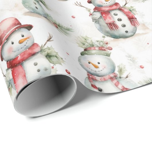 かわいい雪だるまウォーターカラーホリデークリスマス ラッピングペーパー (ロールコーナー)