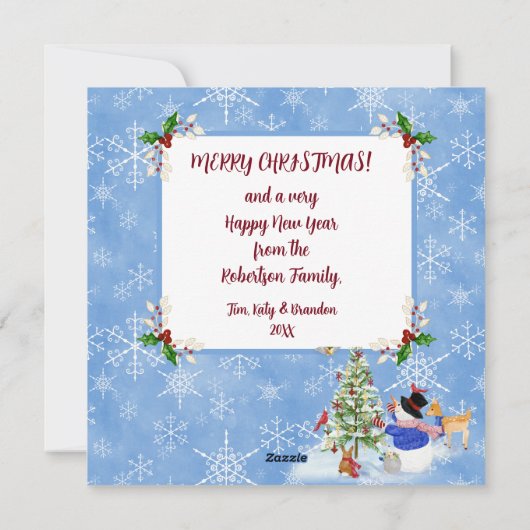 かわいい雪だるまウッドランド雪クリスマス家族の写真 シーズンカード (裏面)