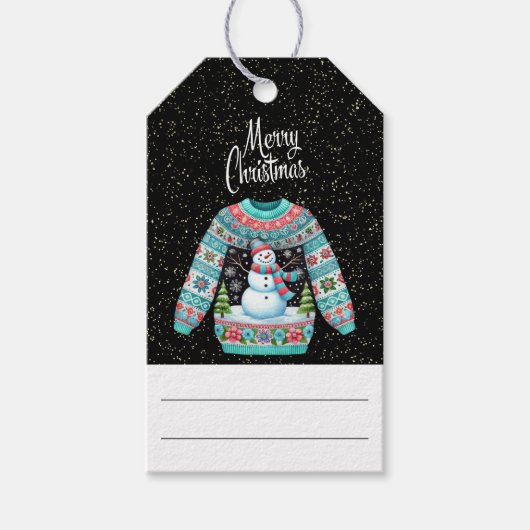 かわいい雪だるまオン醜いクリスマスセーター ギフトタグ (正面)