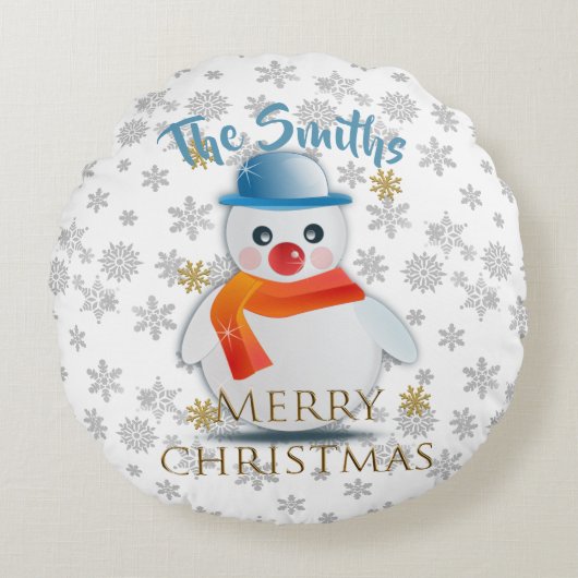 かわいい雪だるまカスタム ラウンドクッション (正面)