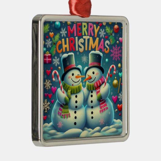 かわいい雪だるまカップルと帽子オーナメント メタルオーナメント (右)