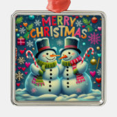 かわいい雪だるまカップルと帽子オーナメント メタルオーナメント (正面)