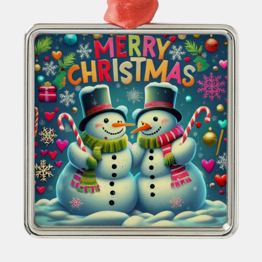 かわいい雪だるまカップルと帽子オーナメント メタルオーナメント (正面)