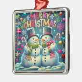 かわいい雪だるまカップルと帽子オーナメント メタルオーナメント (左)