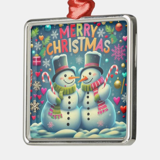 かわいい雪だるまカップルと帽子オーナメント メタルオーナメント (左)