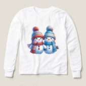 かわいい雪だるまカップルの冬のイラストTシャツ (デザイン正面)